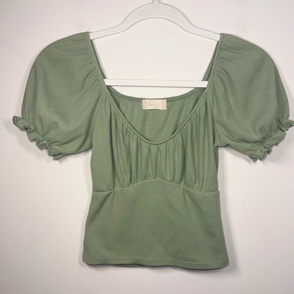 Altar’d State Smocked Puff Sleeve Ribbed Summer Crop Top Sage Green Size Small